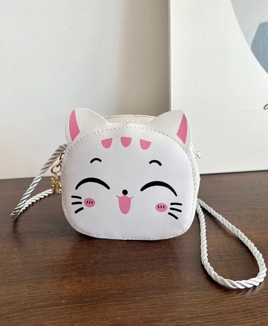 Featured image for “Young Girl Pu Leather White/Pink Cat Handbag with Zipper Closure”